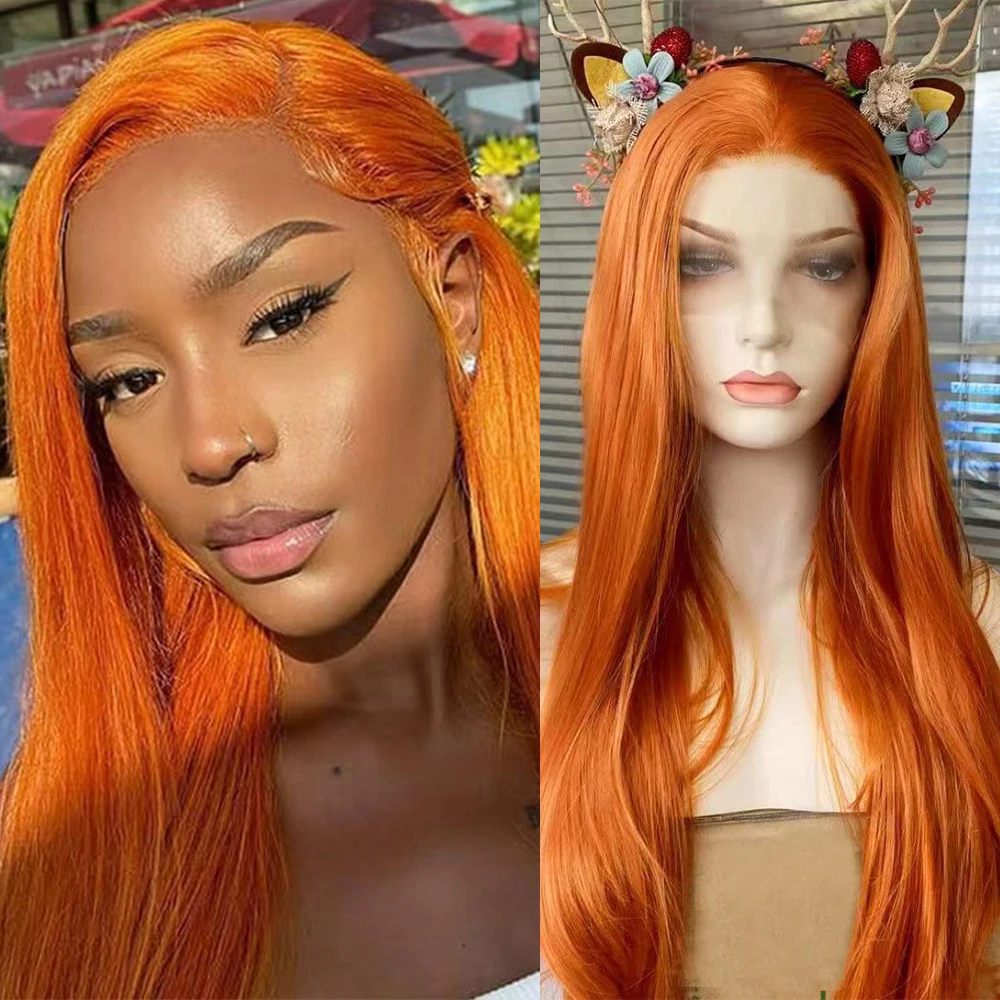 

Orange Straight Synthetic Hair Lace Wig Natural Silk Straight Free Part Lace Front Wigs Women Party Wear Orange Hair Heat Fiber