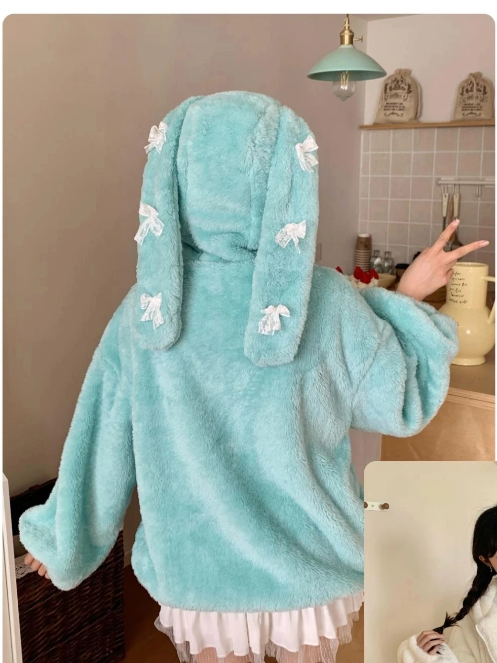 

Original Sweet Bow Bunny Ear Hooded Plush Jackets for Women Cute Cartoon Embroidery Thickened Warm Soft Loose Casual Jacket
