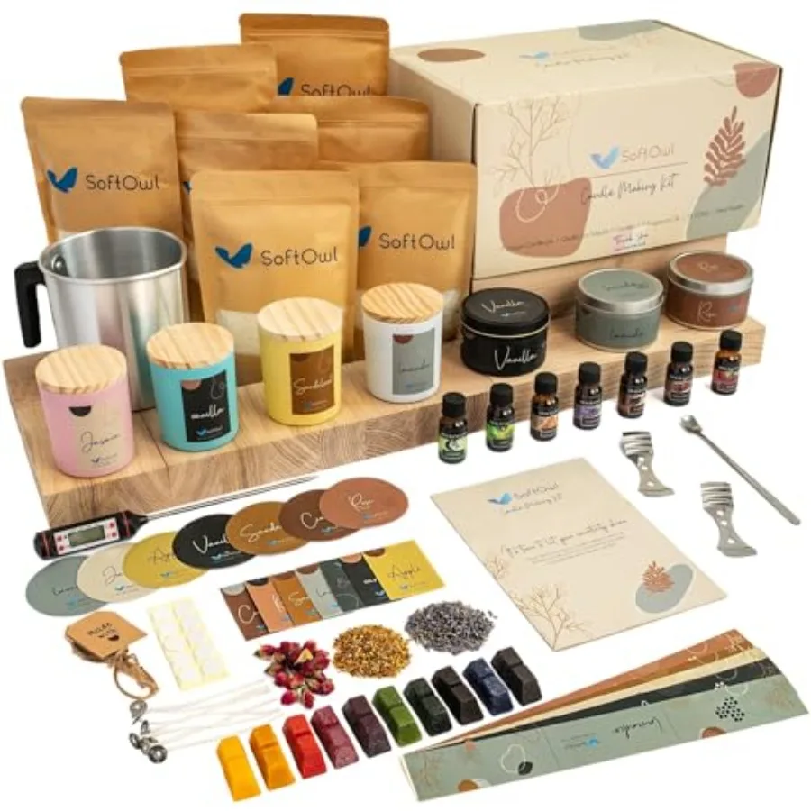 

Premium Soy Candle Making Kit - Full Set - Soy Wax Big 7oz Jars and Tins 7 Pleasant Scents Color Dyes and More - Perfect as Hom