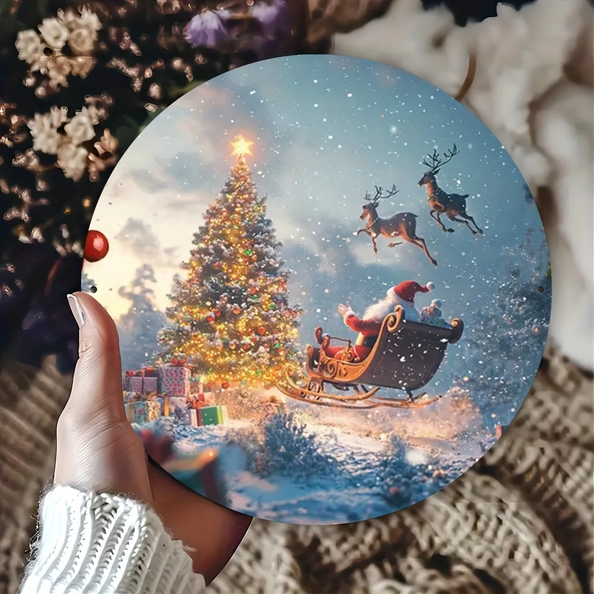 1 Stück, rustikale Weihnachtsmann- und Rentierszene, 20,32 x 20,32 cm großes rundes Blechschild, festliche Wandkunst, Metallschild für Bar, Café, Club, Küche D