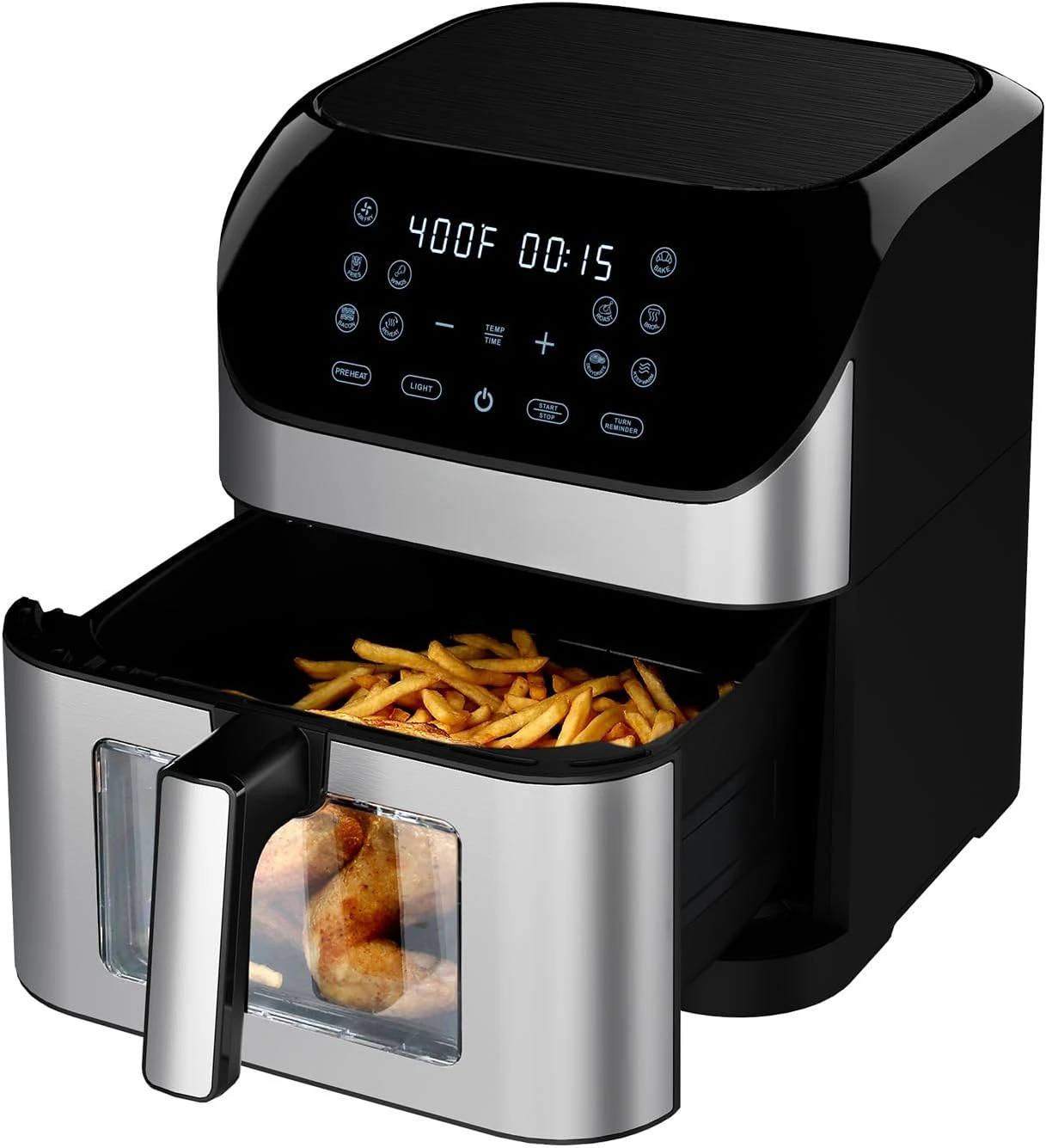 Air Fryer 8 Qt Large Size With Clear Window, 8 Presets, 3 Special Features Turn Reminder, Preheat, Light, True One-touch Panel