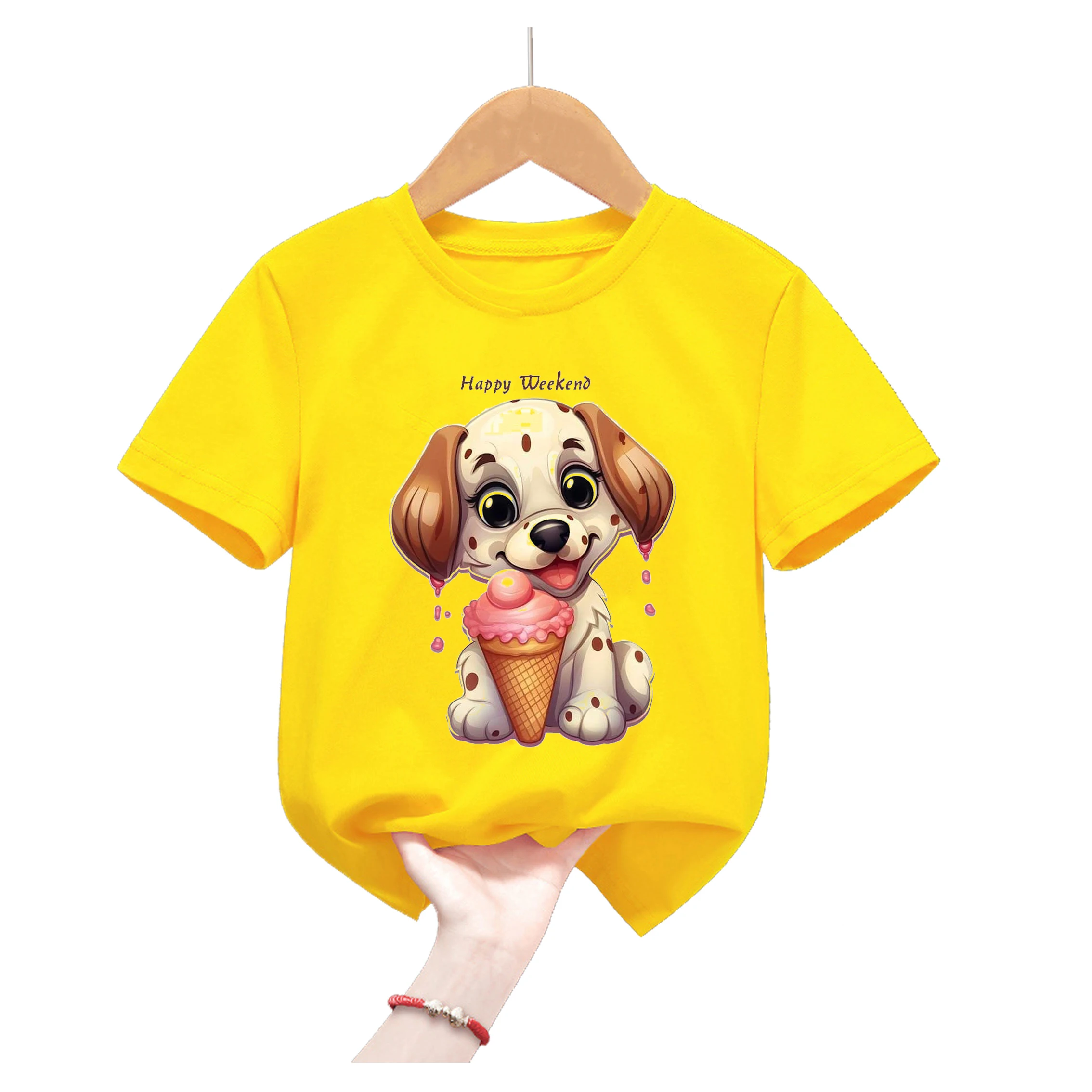 

Kawaii Dogs Love Ice Cream Animal Print Yellow Tshirt For Girls/Boys Funny Kids Clothes Yorkshire Terrier Corgi T Shirt