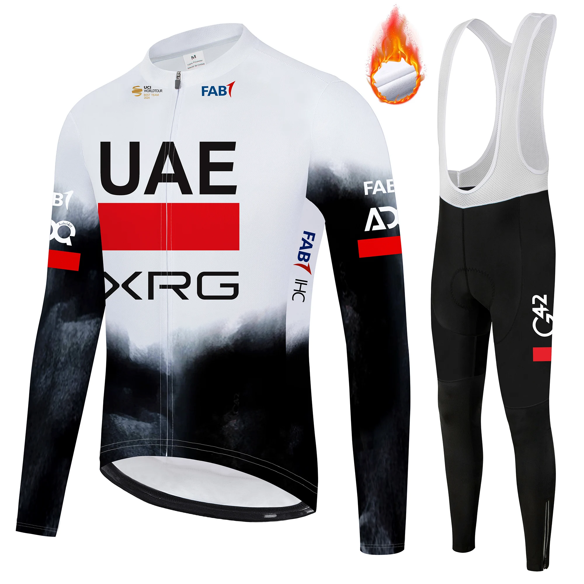 

Комплект одежды для велоспорта команды UAE 2025, зимний велосипедный трикотаж, термофлисовый велосипедный трикотаж + брюки-комбинезон с подкладкой