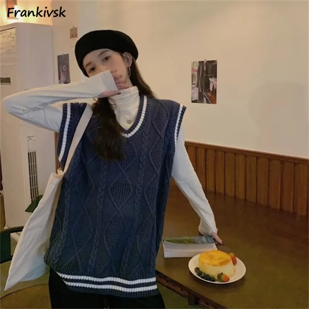 

Women Sweater Vest Knitted Bright Line Breathable College Girlish Vitality Tender Korean Style Spring Autumn Loose Cozy Tops Ins