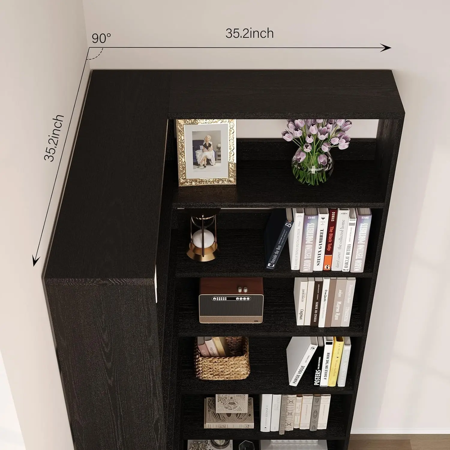 رف كتب على شكل حرف L مقاس 71 بوصة مع أضواء LED، أسود