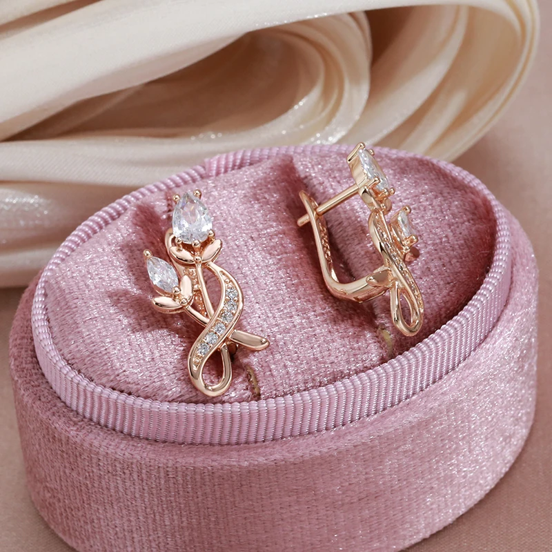 SYOUJYO Rose Flower Natural Zircon Drop Earrings For Women 585 Rose Gold Color Bride Wedding Fine Jewelry Luxury Earring Gifts