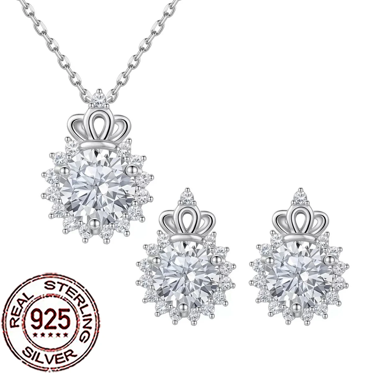 

CWWZircons S925 Sterling Silver Luxury Cubic Zircon Flower Crowns Shape Necklace 2Pcs Sets for Women Wedding Party Jewelry ST057