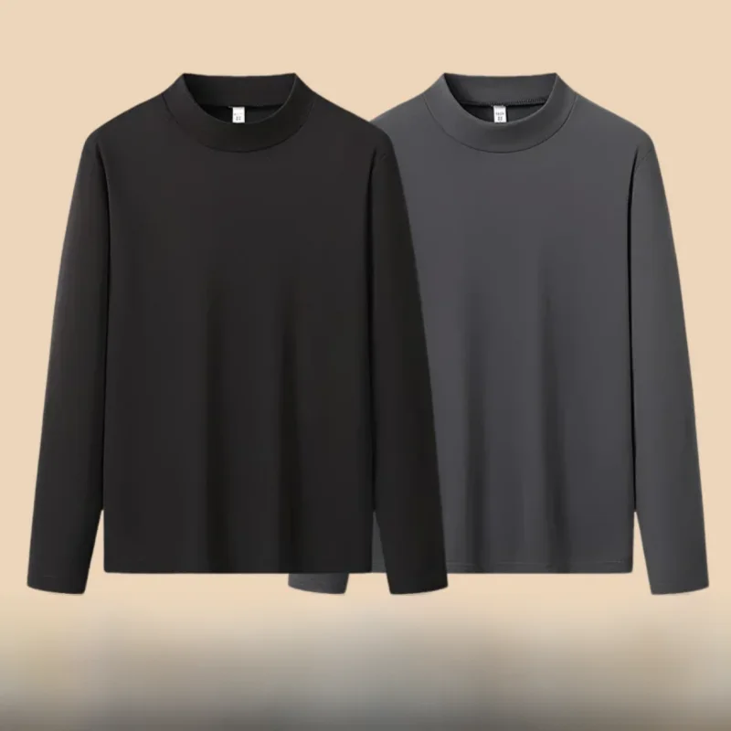 Long Sleeve Men's T-Shirt Double-Faced Fleece Warm Slim Fit High Collar Base Shirt Casual Style Youth Fashion Chinese Brand