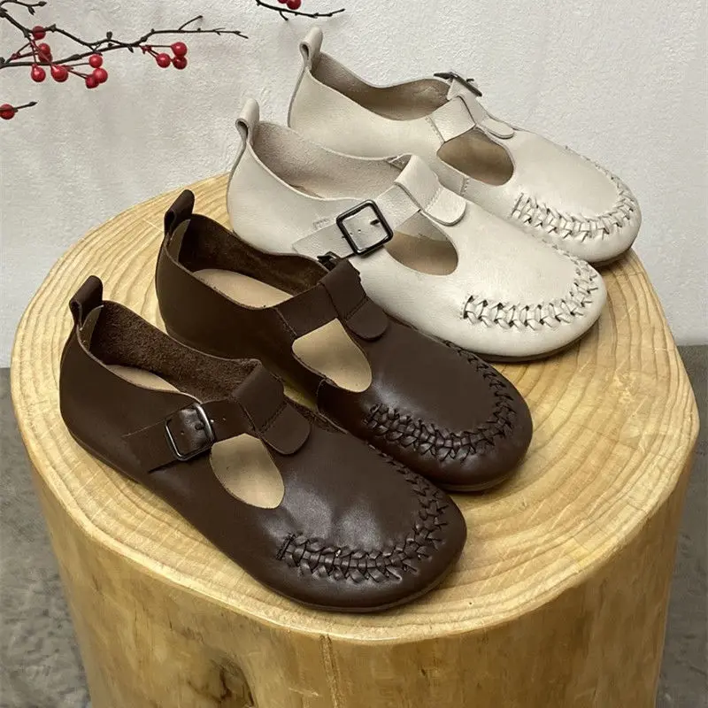 Spring Hand-woven Genuine Leather Women's Mary Jane Shoes Retro Round Toe Flat-bottomed Soft Cowhide Women's Shoes