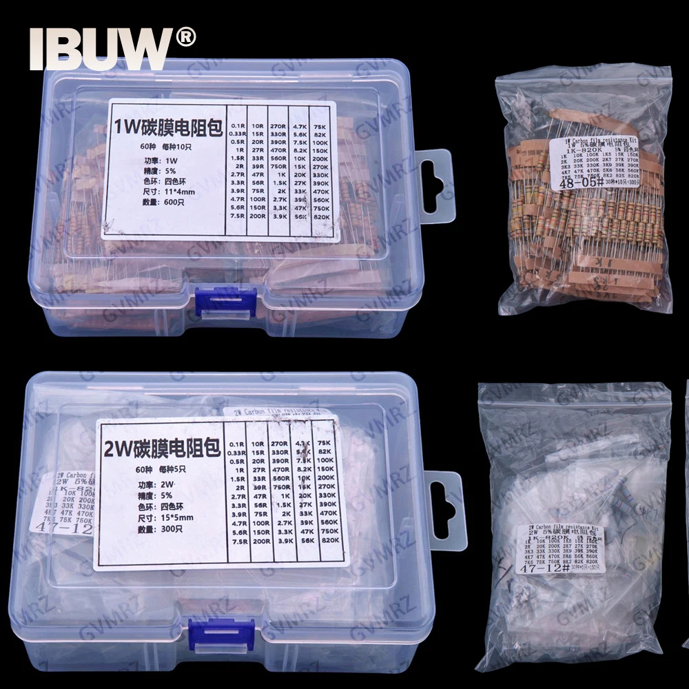 

60Values 1W 2W 3W 5W 5% Carbon film resistors kit dip 0.1R 100R 200R 300R 1K 2K 3K Resistor 3W 5W