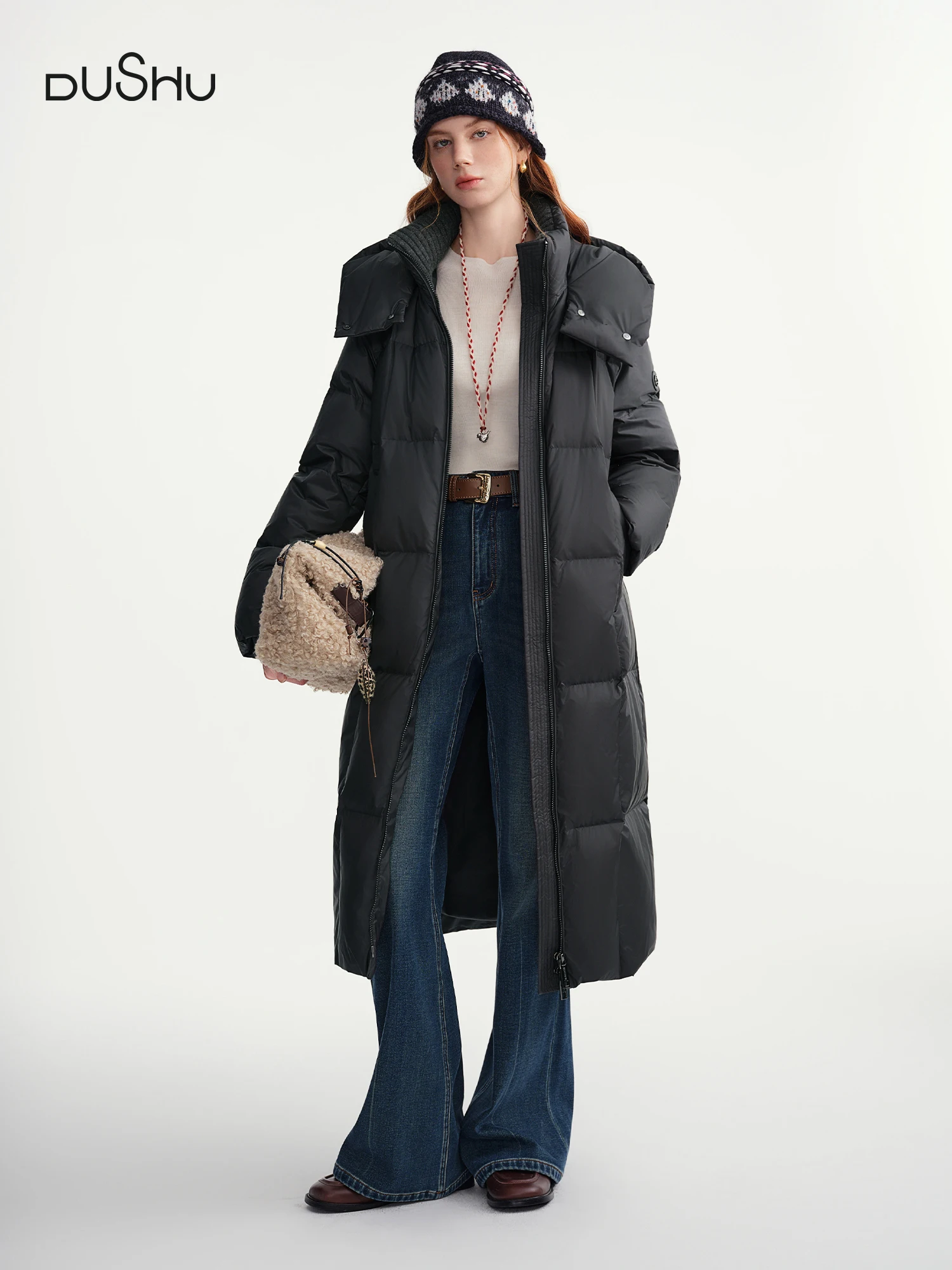 DUSHU Plus-Size Women's Quilted Long Down Jacket with Standing Collar and Hood Winter 2025 by Warmth Field White Duck Down Coats