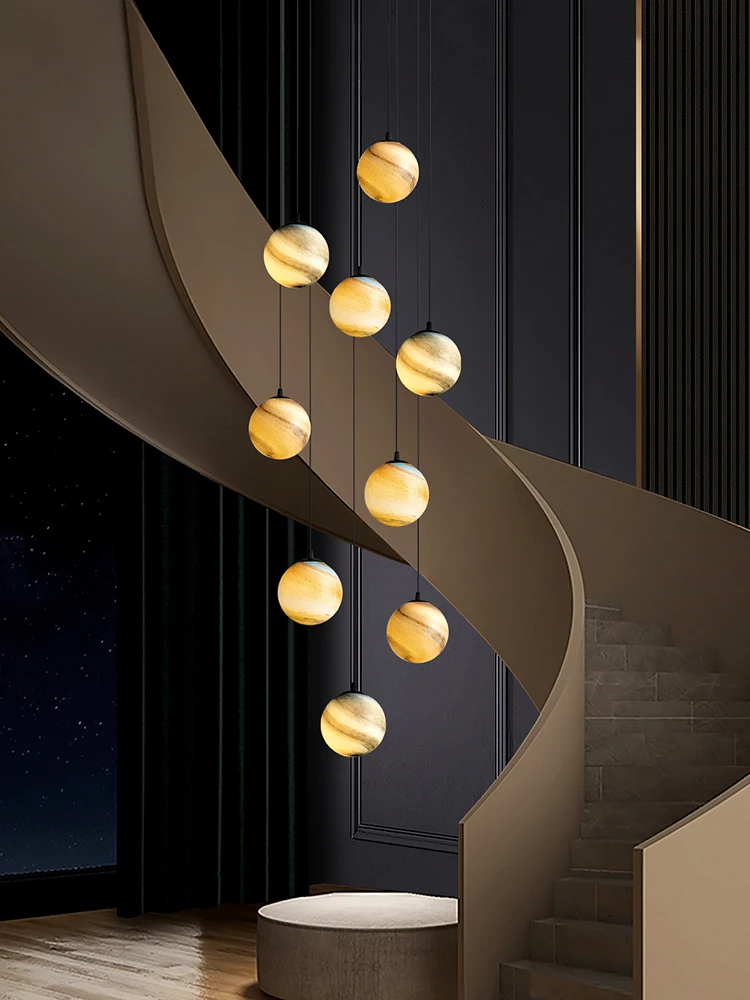 Staircase light pendant lamp creative spherical network red loft apartment pendant lamp villa Nordic duplex building pendant lam