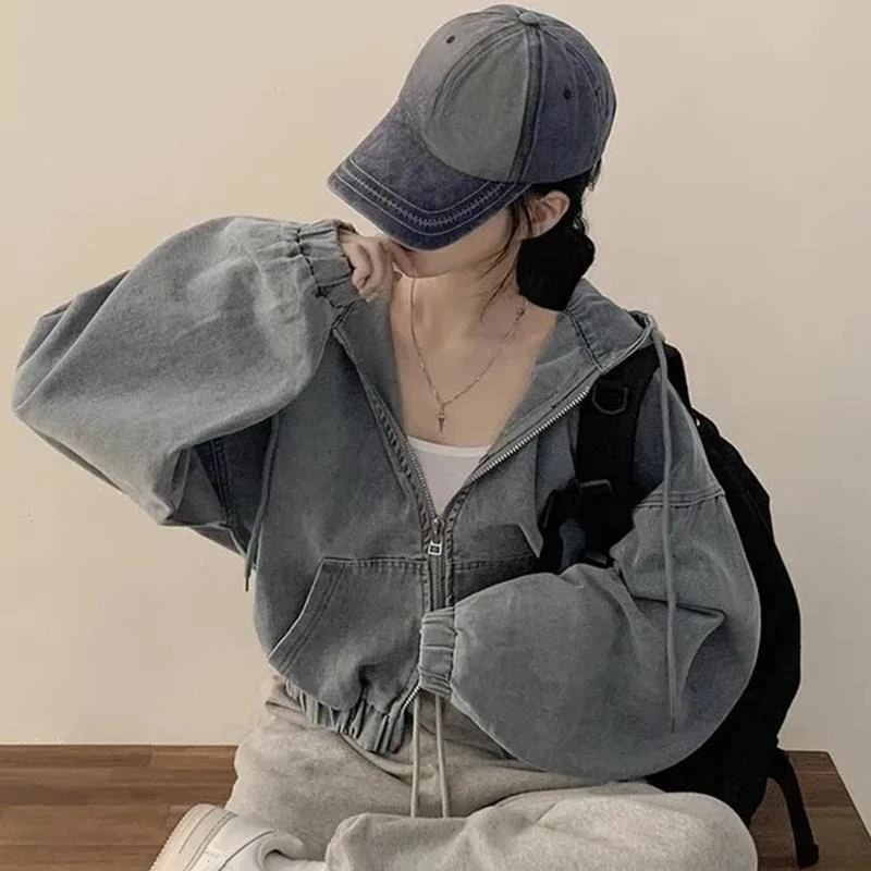 سترات ماتاكاوا من قماش الدنيم للنساء بقلنسوة للربيع والخريف موضة كورية متينة سترات كلاسيكية فضفاضة بسحّاب ملابس علوية من Ropa De Mujer #4