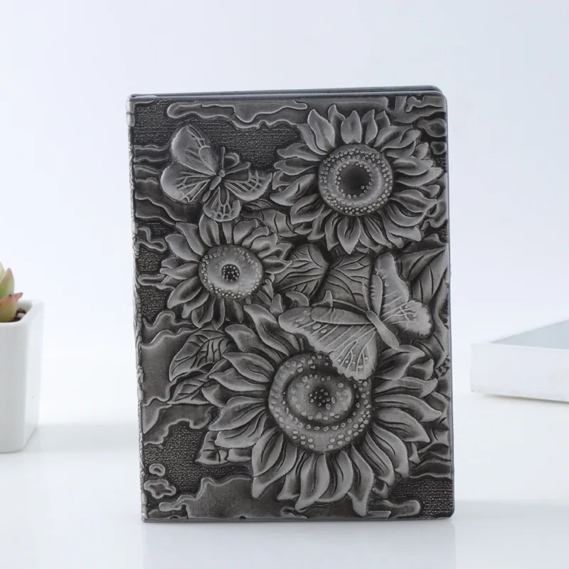 CHEN LIN Creative Retro 3D Sunflower Relief A6 Notebook Journal Embossed Writing Notebook Leather Cover Student Travel Diary