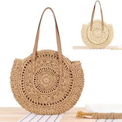 Women Straw Woven Tote Bag Large Capacity Vintage Shoulder Bag Round Hollow Summer Beach Bag Casual Bohemian Designer Handbag