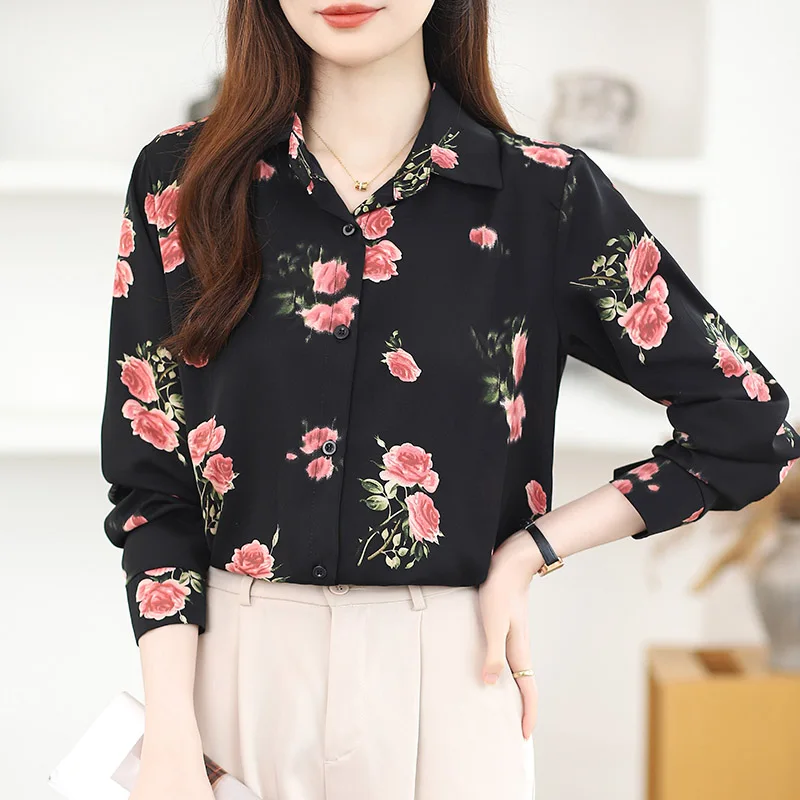 Women Clothing Elegant Fashion Long Sleeve Chiffon Shirt Spring Autumn Casual Loose Turn-down Collar Button Blouses Chic Y2k Top