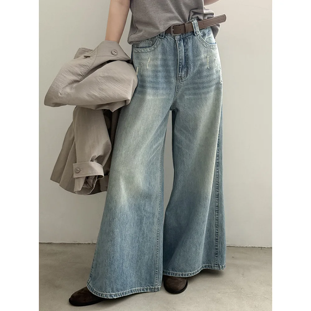 Jeans da donna retrò a vita alta a gamba larga Pantaloni larghi drappeggiati dimagranti casual lunghi fino al pavimento per l'autunno e l'inverno
