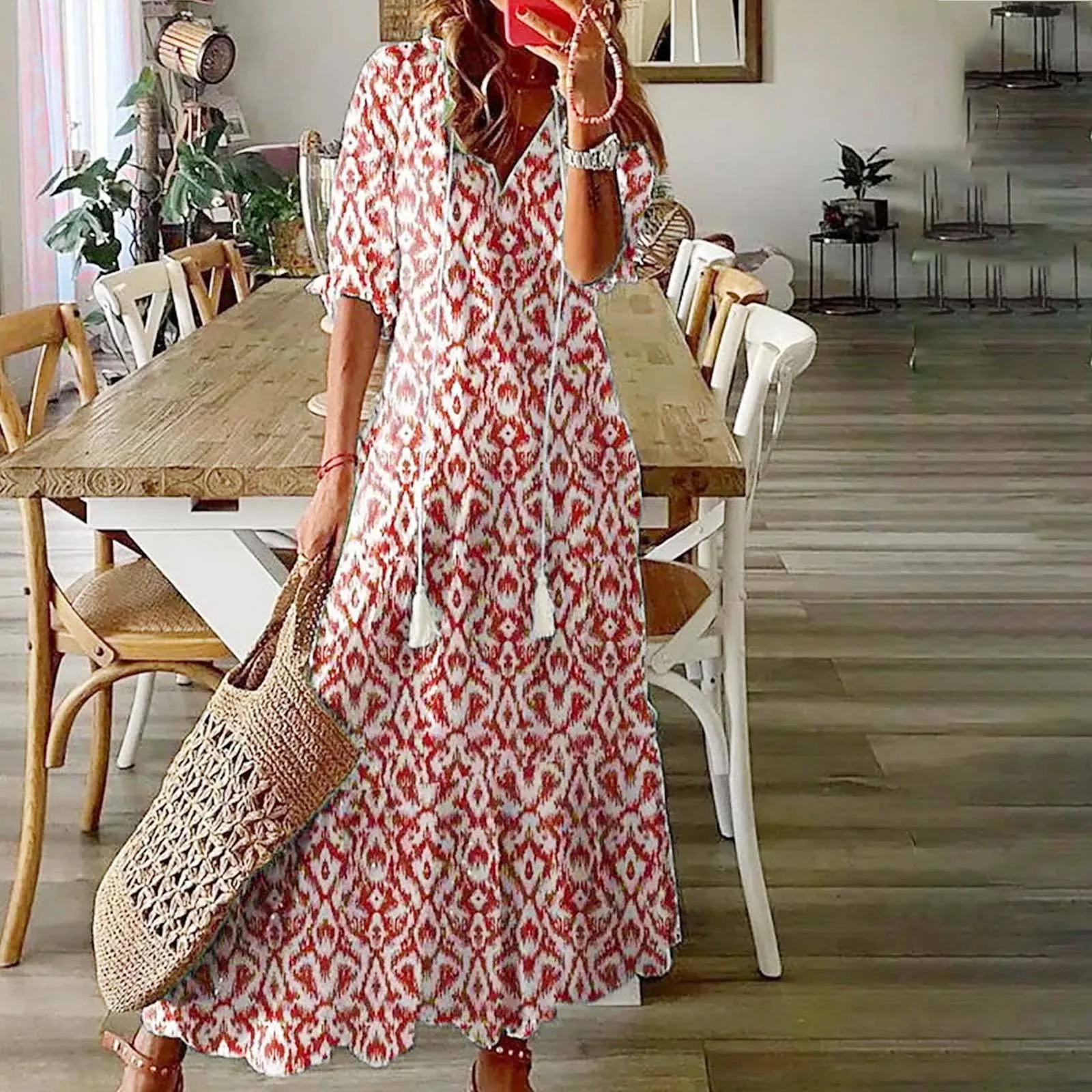 

Women's Casual Dress Loose Breathable V Neck Cotton And Linen Boho Printed Vintage Design Dress Mid Waist Mid Sleeve Long Dress