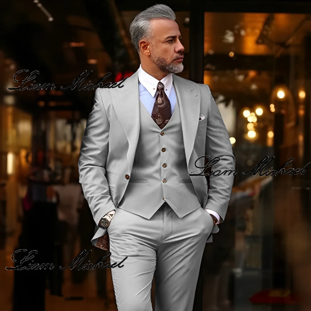 Beige Men\'s Formal Suit 3-piece Business Office Work Clothes Slim Fit Design Jacket Pants Vest Wedding Groom Tuxedo