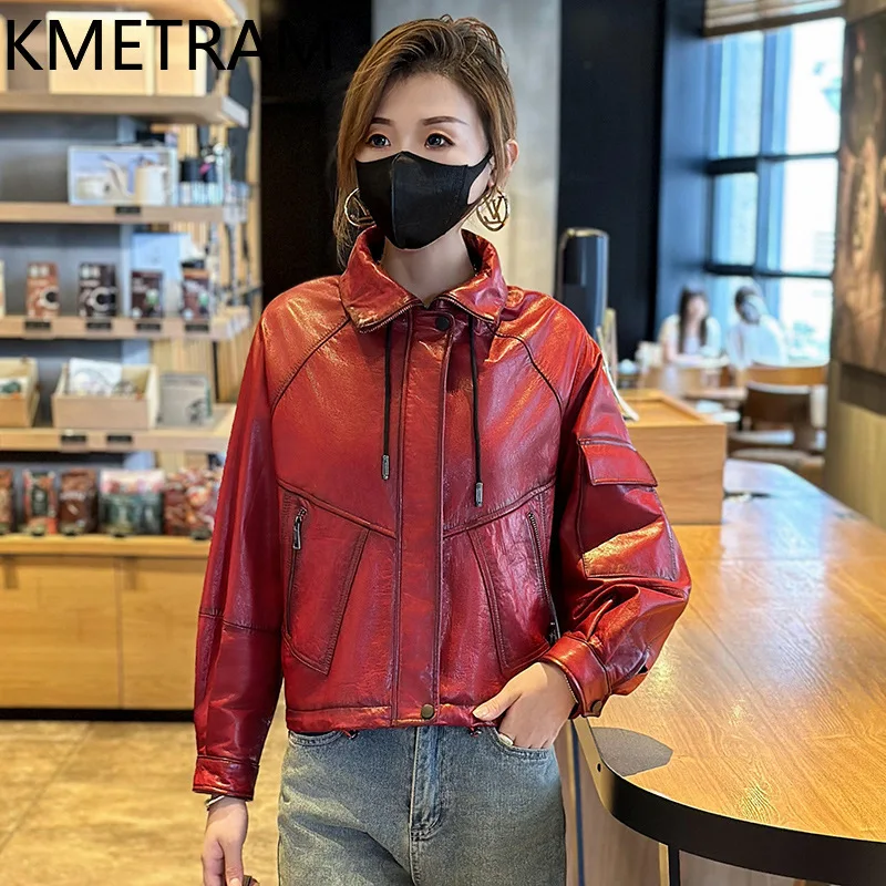 KMETRAM Oil-Waxed Cowhide Genuine Leather Jacket Woman Casual Short Jacket Real Leather Coat 2026 Autumn Women Clothing кожанка