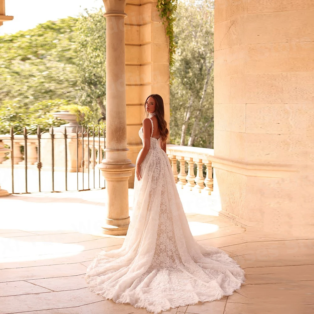 Exquisite A Line Women's Spaghetti Strap Lace Sleeveless Wedding Dresses Vestido De Novia Bride Gowns Customized Robe De Mariée