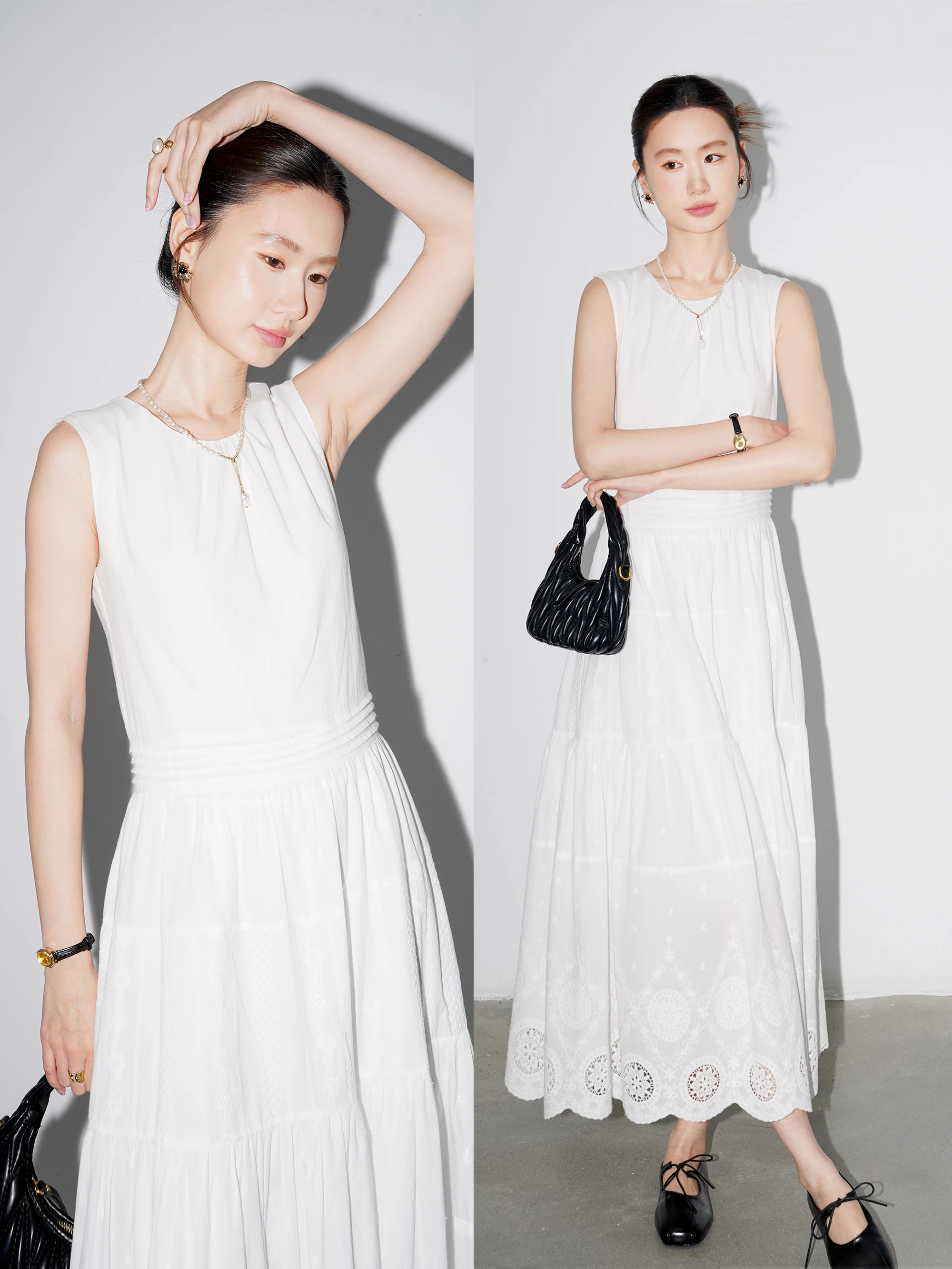 

Elegant White Sleeveless Vest Dress Women Summer Design Hollow out Embroidery Waist Cinch Slimming Holiday Style Long Dress