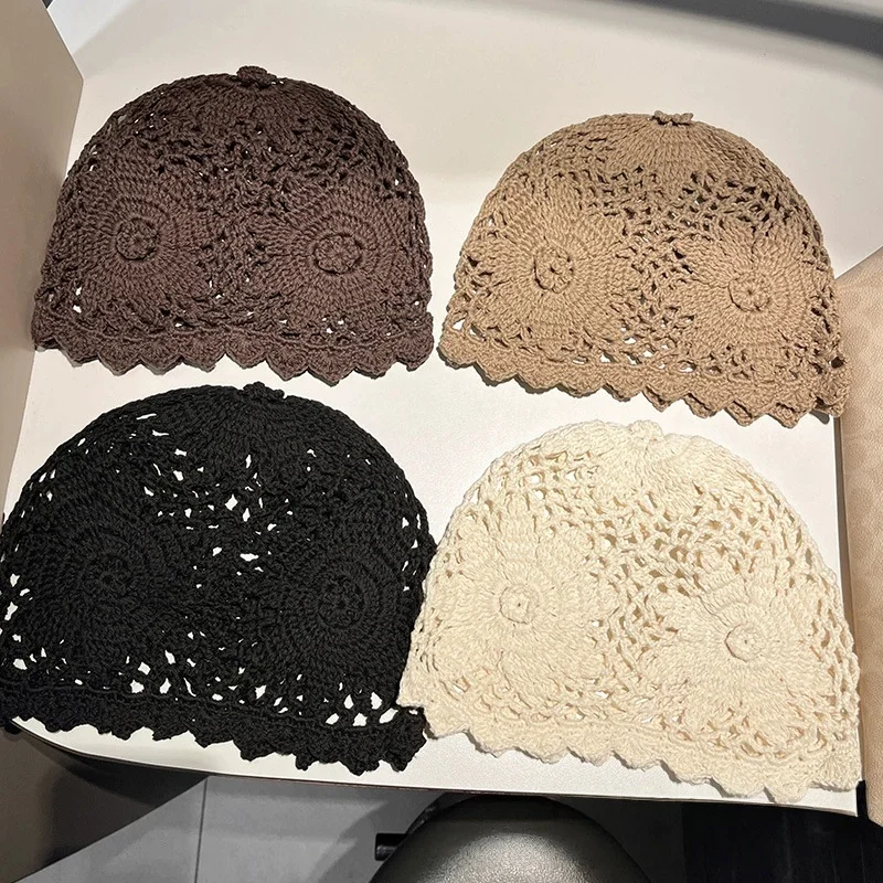 レディースニット透かし編みビーニー：春と秋に最適な、おしゃれで軽量、通気性のあるウールビーニー、ゆったりとしたフィット感
