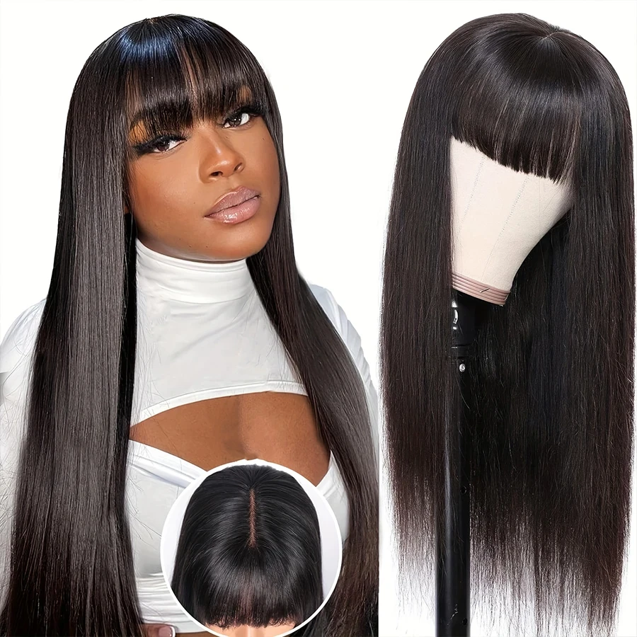 30 Inch Straight Wig Full Machine Made Wig With Bangs 3x1 HD Lace Closure Human Hair Wig Glueless Natural Hair Fringe Bob Wig