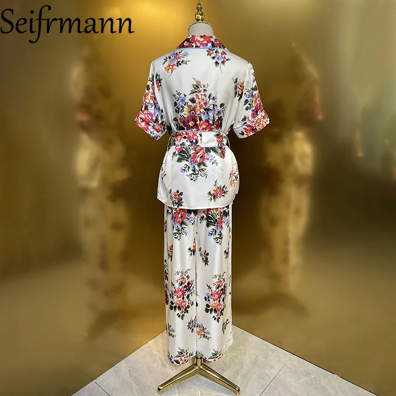 Seifrmann Casual printed silk two-piece lapel short-sleeved shirt high-waisted wide-leg pants suit 2026 summer women's new style