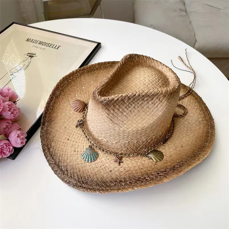 

2024 New Thickened Cowboy Hat Vintage Straw Hat Men's and Women's Jazz Large Cowboy Hat Straw Hat Sun Hat Summer Hat