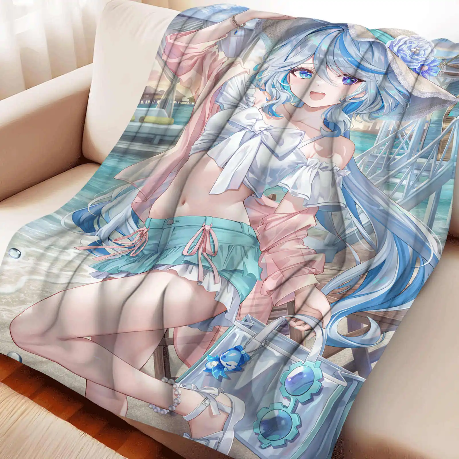 Genshin Impact  Furina   Flannel Sofa Cover Blanket Home Travel Camping Sofa Picnic Naptime Blanket