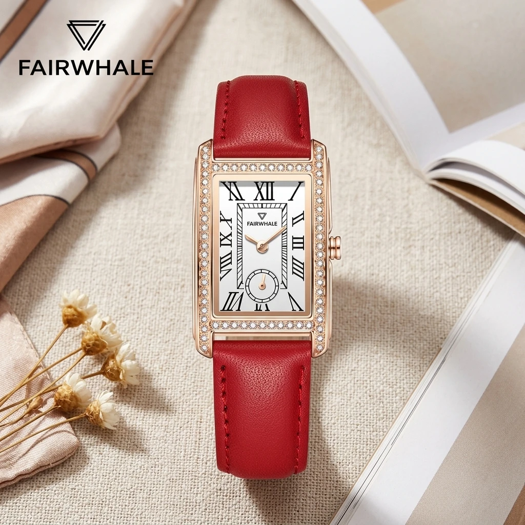 Fairwhale Ladies Quartz Watch Rectangle Roman Numeral Dial Small Seconds Rhinestone Bezel Leather Strap Female Wristwatch