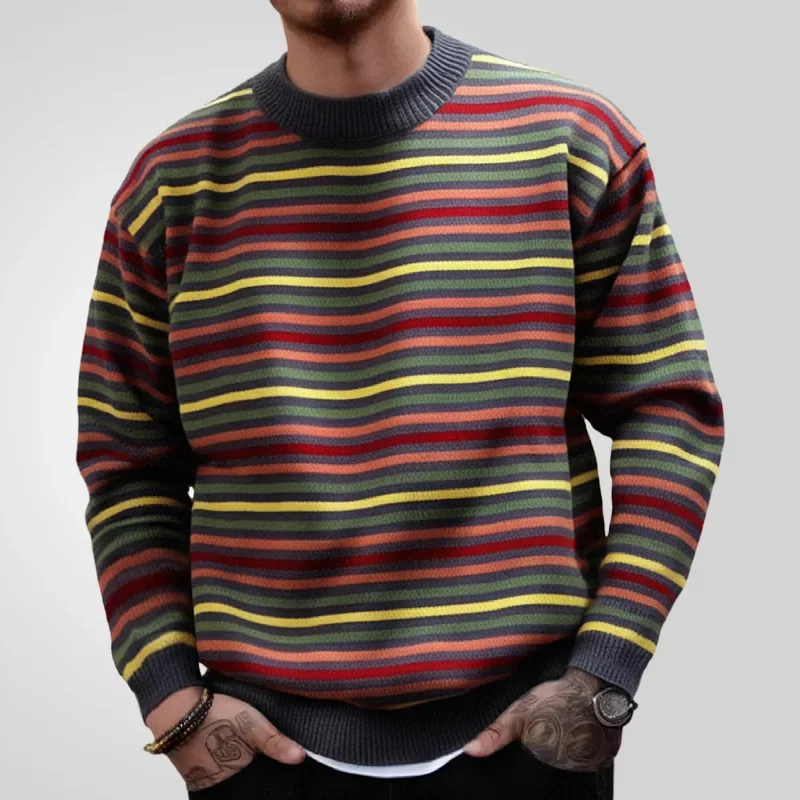 

Pullovers Men Tops Sweaters Striped Round Neck Full Sleeve Casual Loose Thick Warm Top Regular Knitted Autumn Winter 2024