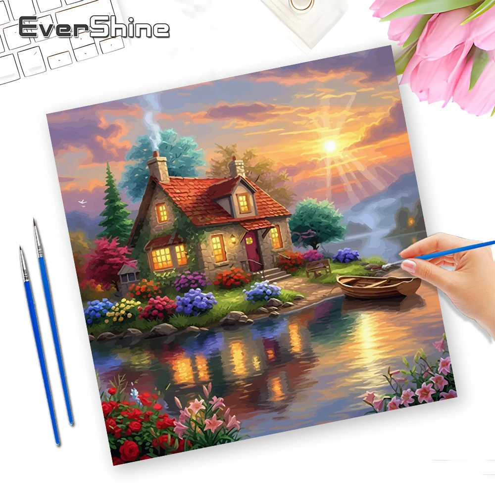 Evershine Malen nach Zahlen Landschaft Erwachsene Zahlenmalerei Haus Malen nach Zahlen Blumen Sonnenuntergang Deko für Zuhause