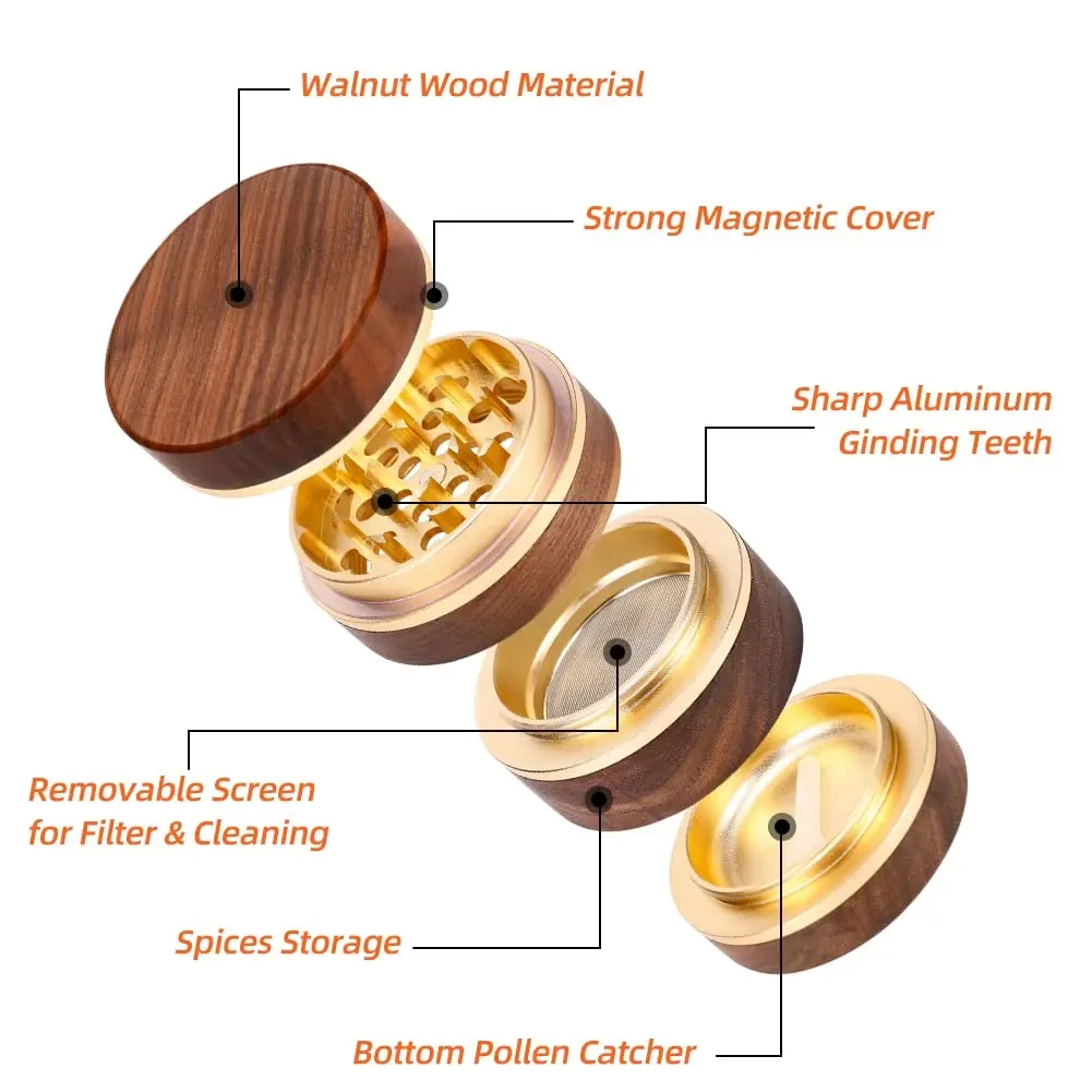 Wooden Herbal Grinder 63mm Aluminum Alloy Metal Grinder with Pollen Catcher Manual Tobacco Crusher Herb with Magnetic Lid