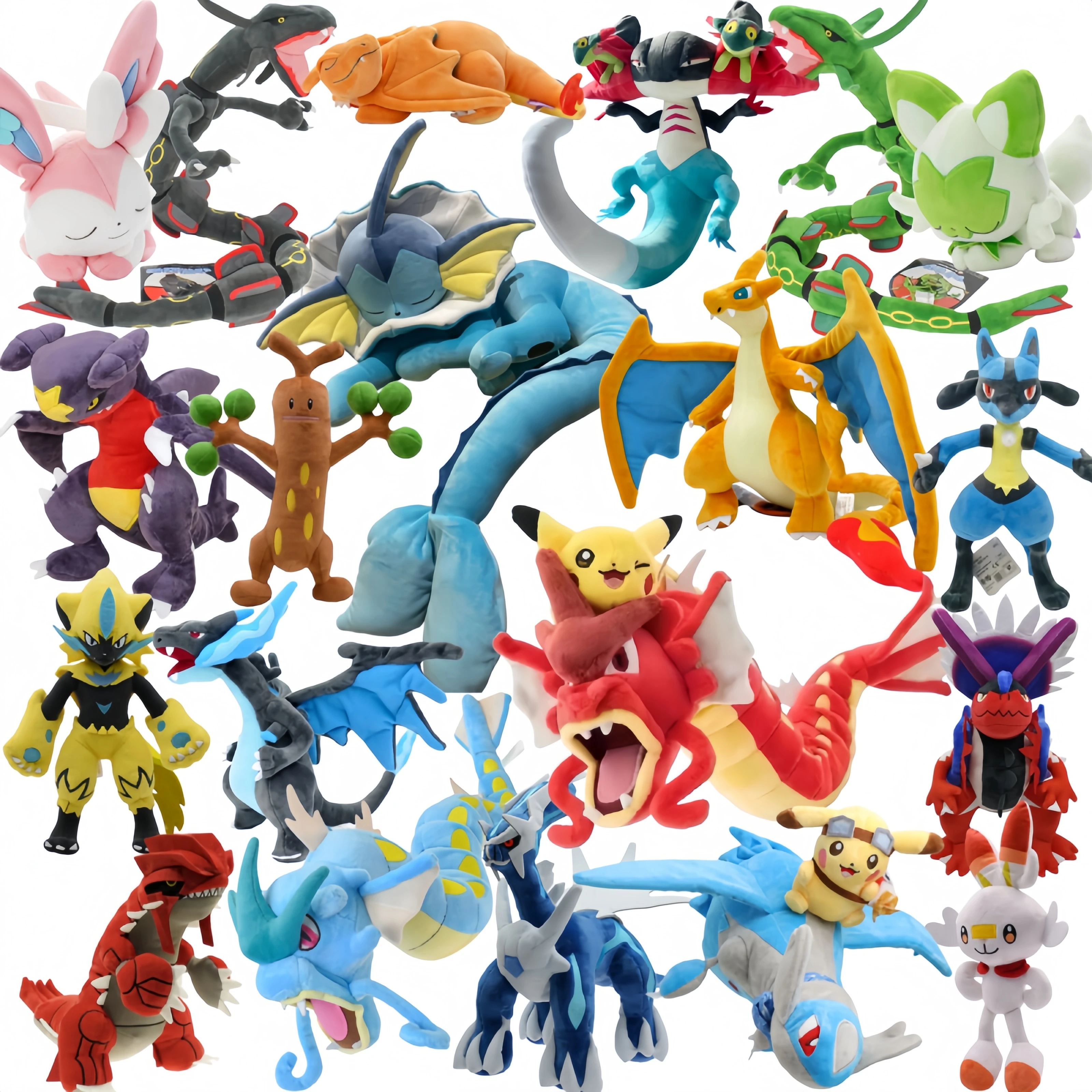 Pelúcia Pokémon Mega Charizard, Rayquaza Brilhante, Pikachu Montando Gyarados, Latios, Garchomp, Dragapult, Lucario, Koraidon