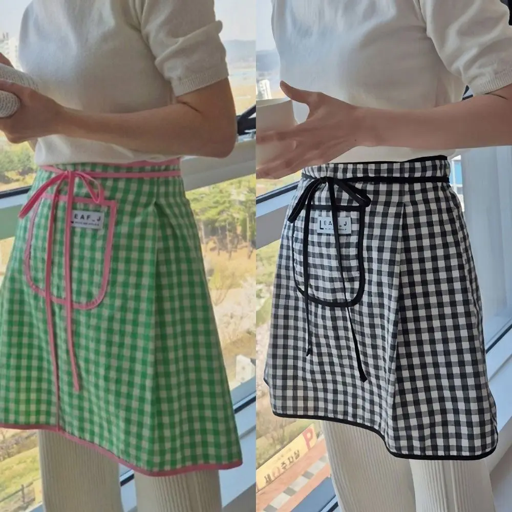 New Cotton Half Waist Apron Stain Resistant Breathable Cooking Apron Square Check Pattern Half Length Apron Home Cooking