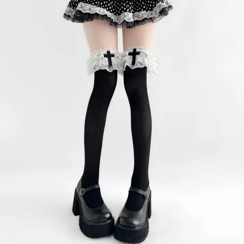 Japanese Sweet Ballet Style Mid Calf Lolita Socks Exquisite Lace Ruffle Hem Adorable Bow Ornament Versatile Leg Stockings