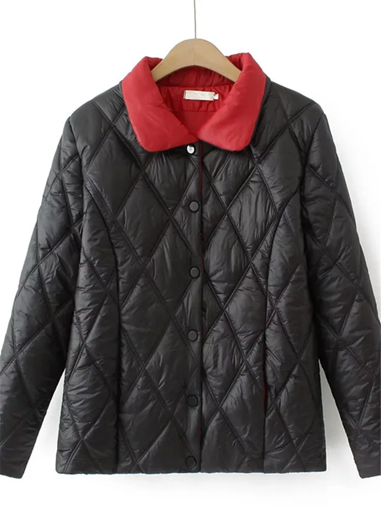 Plus Size Women\'s Clothing Winter Coat Thick Warm Cotton Jacket Red Black Single Breasted Lapel Diamond Check Quilted Cotton Top