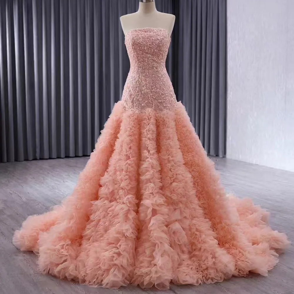 

Luxury Pink Strapless Evening Dress Sequined Ruffles Sleeveless With Lace-Up Back Customizable 2026
