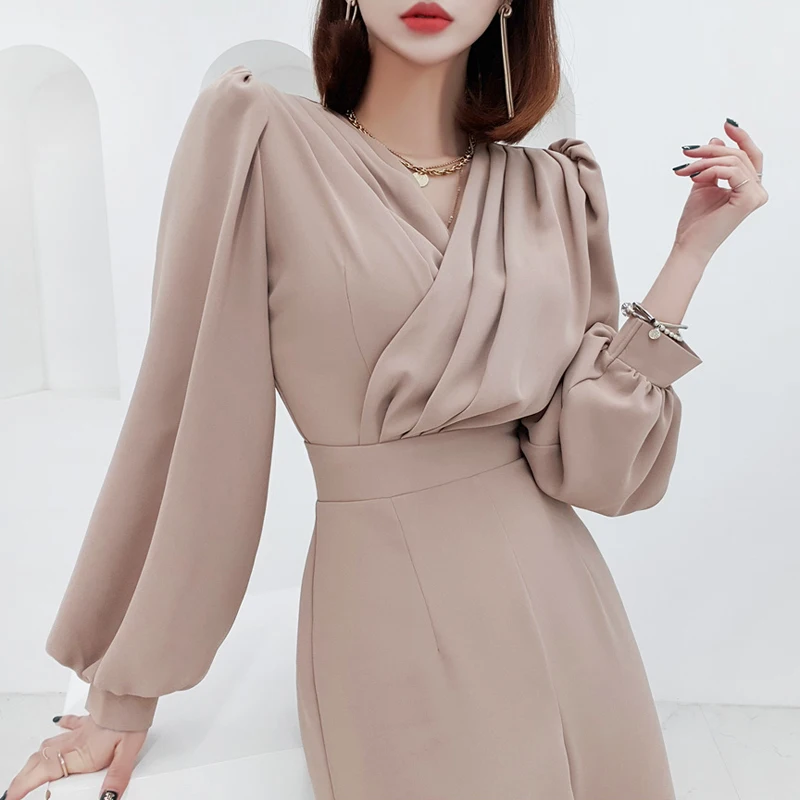 New Autumn Elegant Woman Jumpsuit Outfit Long Sleeve V Neck High Waist Slim Wide Leg Pants Rompers Playsuits Female Overalls