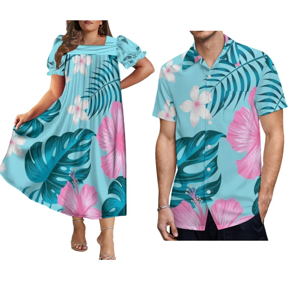 Wysokiej jakości, modna sukienka mumu z kwiatowym nadrukiem, damska sukienka z kwadratowym dekoltem, męska koszula zapinana na guziki, zestawy dla par na imprezy świąteczne.