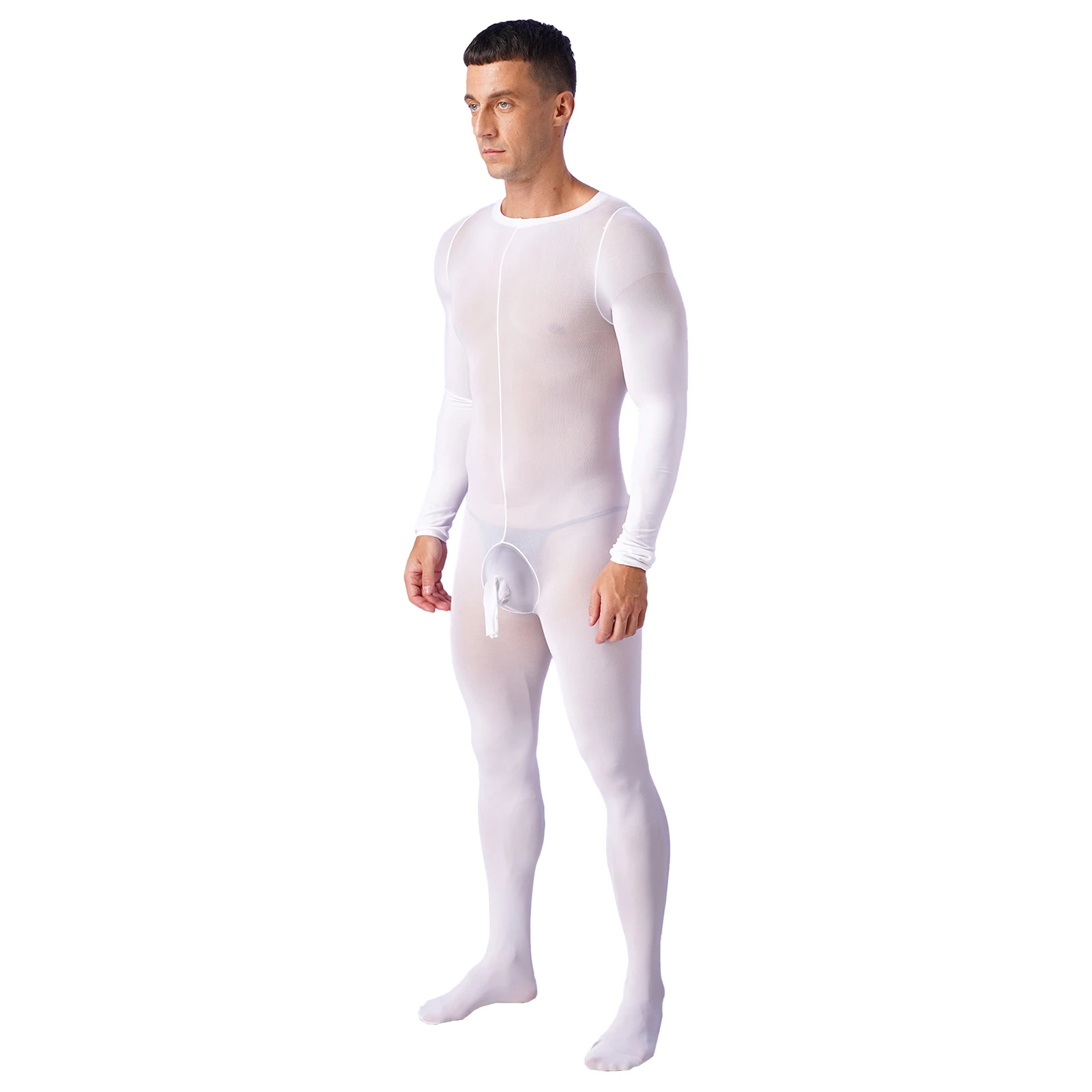 Lingerie Men See Through Bulge Pouch Stretchy Bodystocking Solid Color Round Neck Long Sleeve Bodysuit Underwear Nightwear