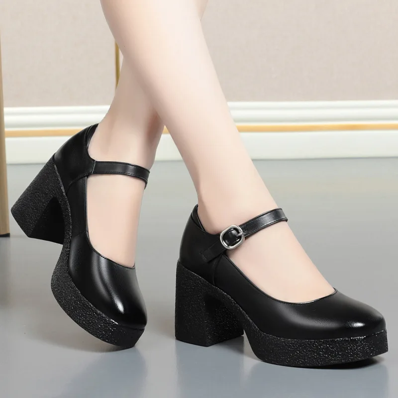 Genuine Leather Women's High Heel Casual Shallow Soft Cowhide Fashion Buckle Ladies Pumps Thick Heel Platform Woman Work Shoes