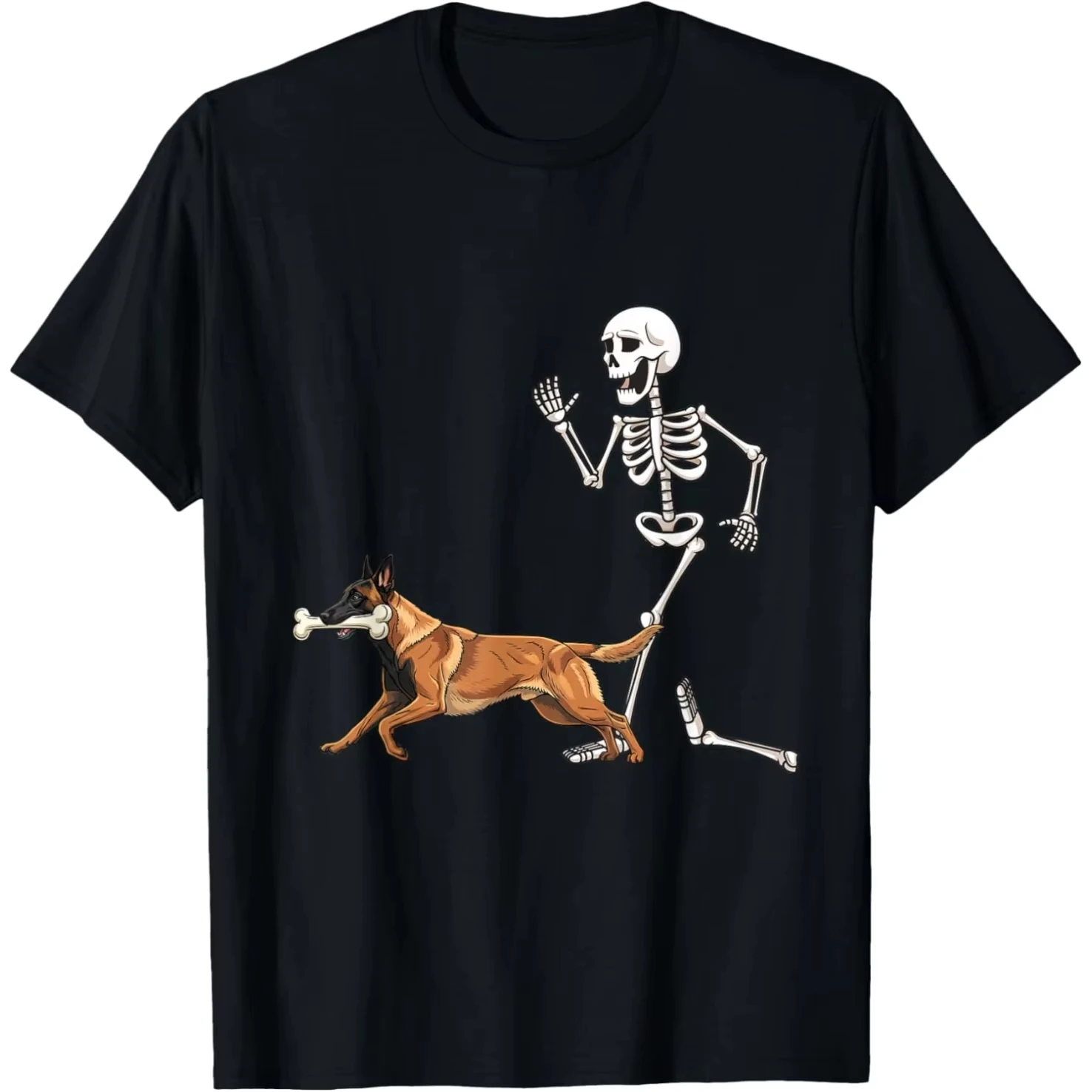 Halloween Skeleton Chased By Dog Bone Funny Graphic Tee Men Women Loose Daily Street Fashion Printed T-shirt
