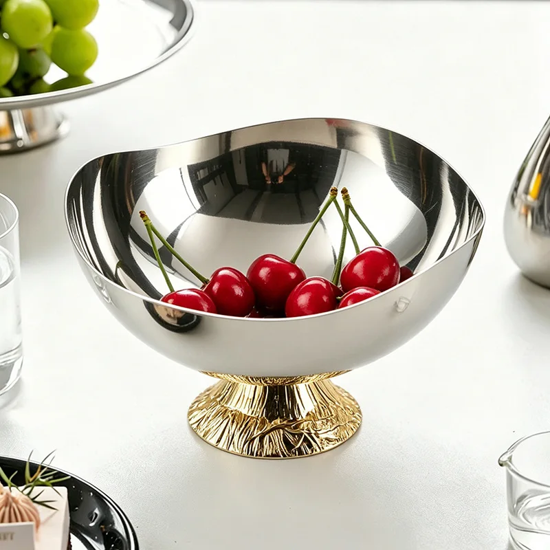 Luxury Marble Round Bead Base Fruit Tray, Stainless Steel Tray, Tableware, Kitchen Table Ornaments, High Legged Metal Tray