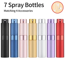 7PCS+4 Accessories 8ml Perfume Nebulizer Refillable with 7 Spray Bottles, 1 Funnel, 1 Straw, 1 Dispenser Divan, 1 Spring Straw