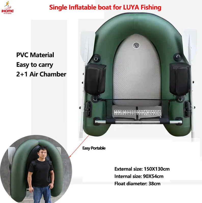 Juego de barco inflable Luya, aletas portátiles, barco de pesca con 2 + 1 cámara de aire, barco de goma plegable individual, canoa de pesca portátil para Kayak