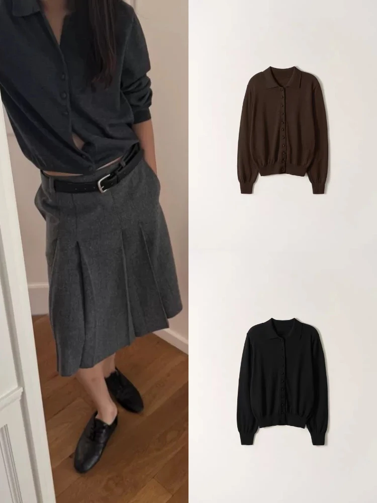 

Шерстяной вязаный открытый кардиган в стиле ретро с высокой талией, утягивающая плиссированная юбка, женский модный теплый длинный топ на пуговицах све