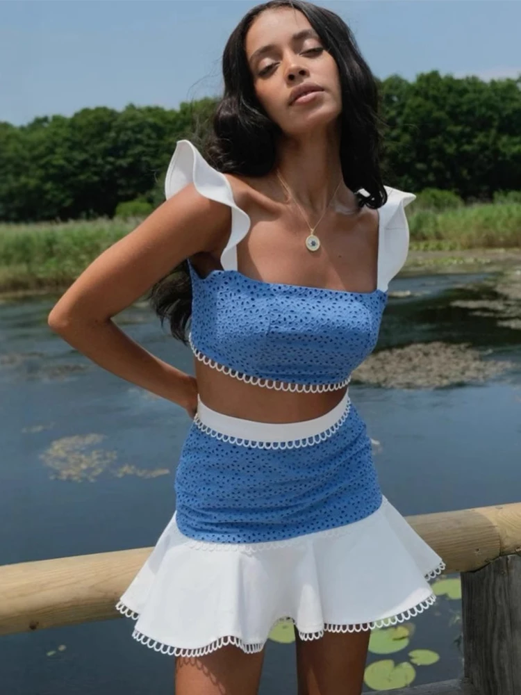 

Contrast Ruffle Tiered Mini Skirts Sets Fashion Patchwork Crop Top 2 Piece Set Elegant Mini Skirt Suits Lady Beach Outfit 2025